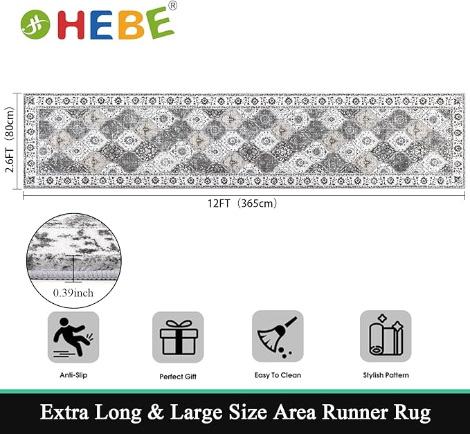 HEBE Hallway Runner Rug 2'8''x12' Washable Vintage Distressed Area Rugs Non - Image 2