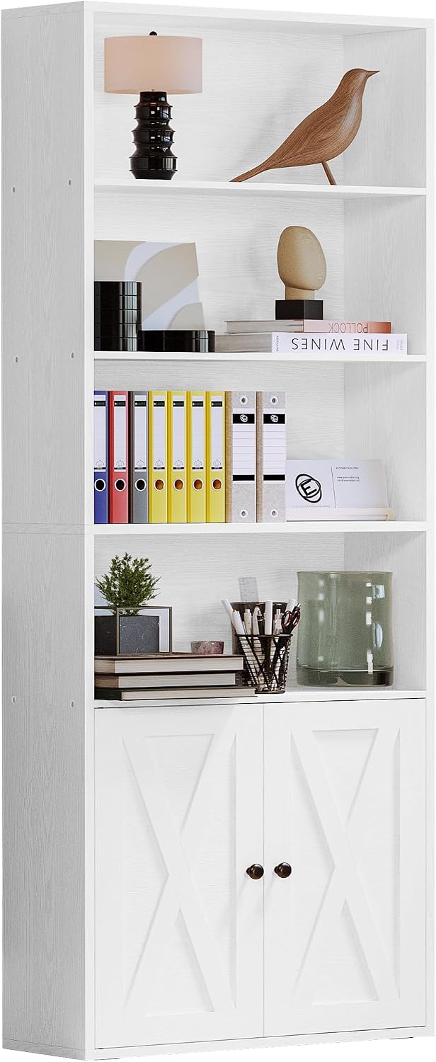 IRONCK Industrial Bookshelves and Bookcases with Doors Floor Standing 6 Shelf Display Storage Shelves 70 in Tall Bookcase for Home Office, Living Room