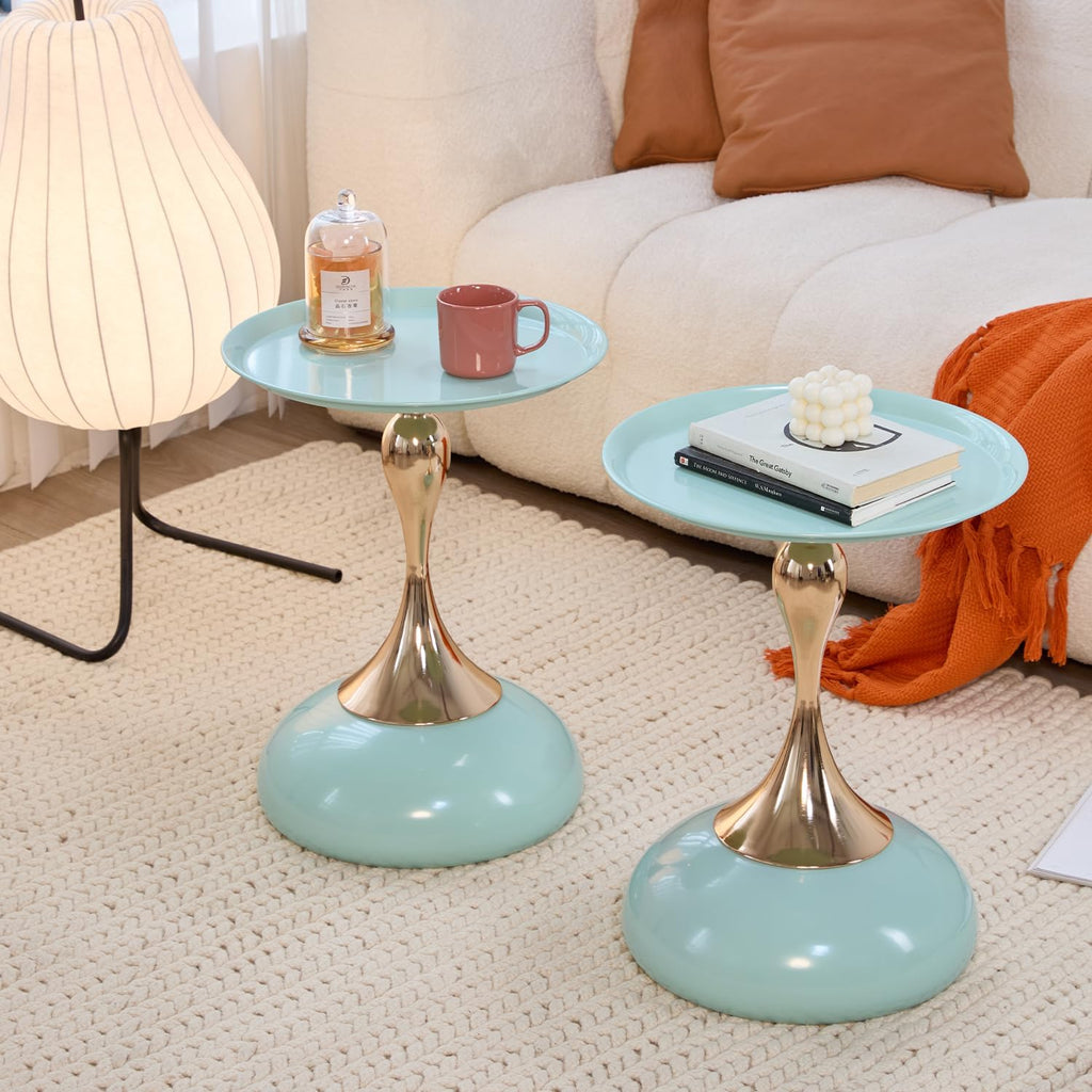 2-Pack Sleek Hourglass Side Table (Light Green & Hermes Orange) - Modern Stylish Accent Table with Glossy Finish & Metallic Detail - Ideal Decor for Living Room, Bedroom & Home Spaces
