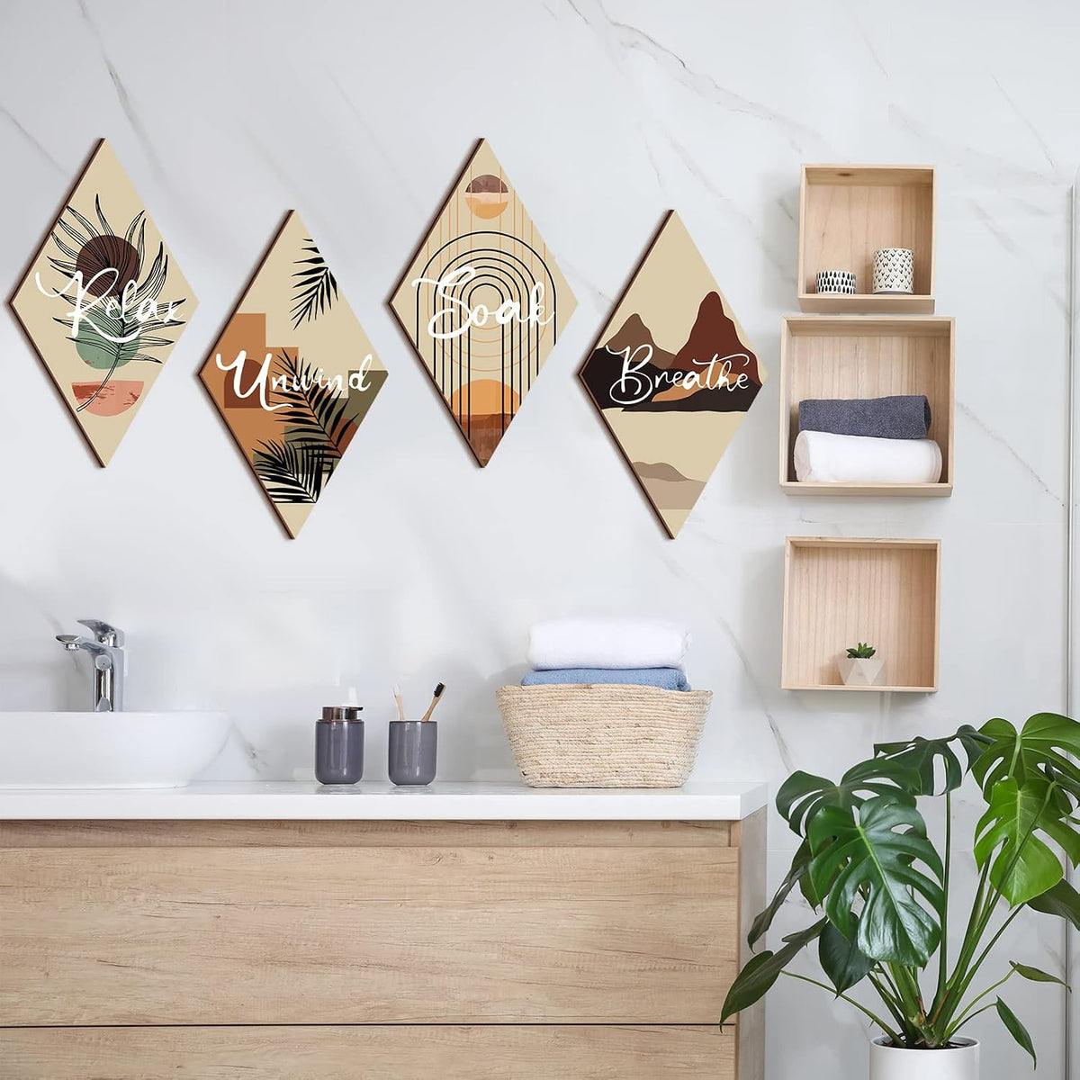 FairySandy 4 Pcs Boho Bathroom Wall Decor 11.8 x 6.7 In Boho Bathroom Decor