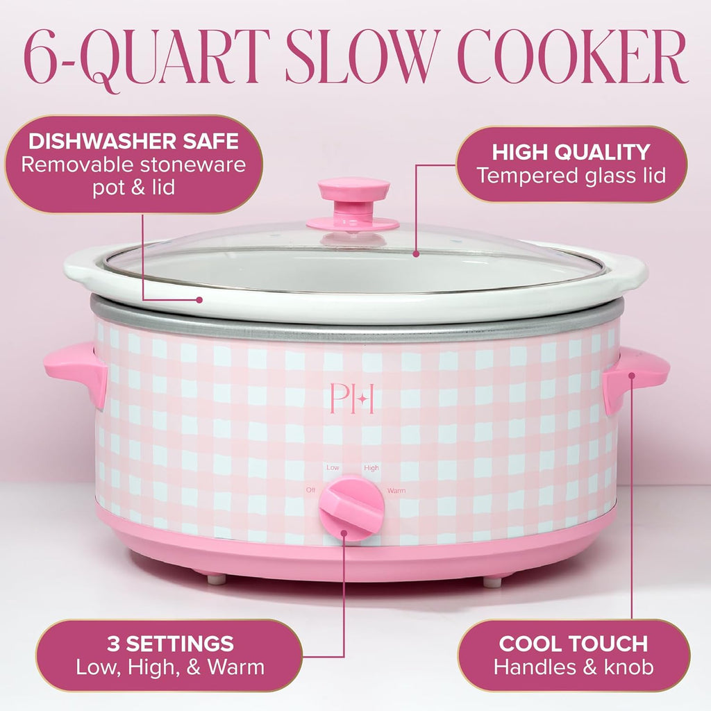 Paris Hilton 6-Quart Manual Slow Cooker, Features Three Settings (Low, High, Warm), Naturally Nonstick and Dishwasher Safe Stoneware Insert, Family Sized Capacity, Gingham Pink