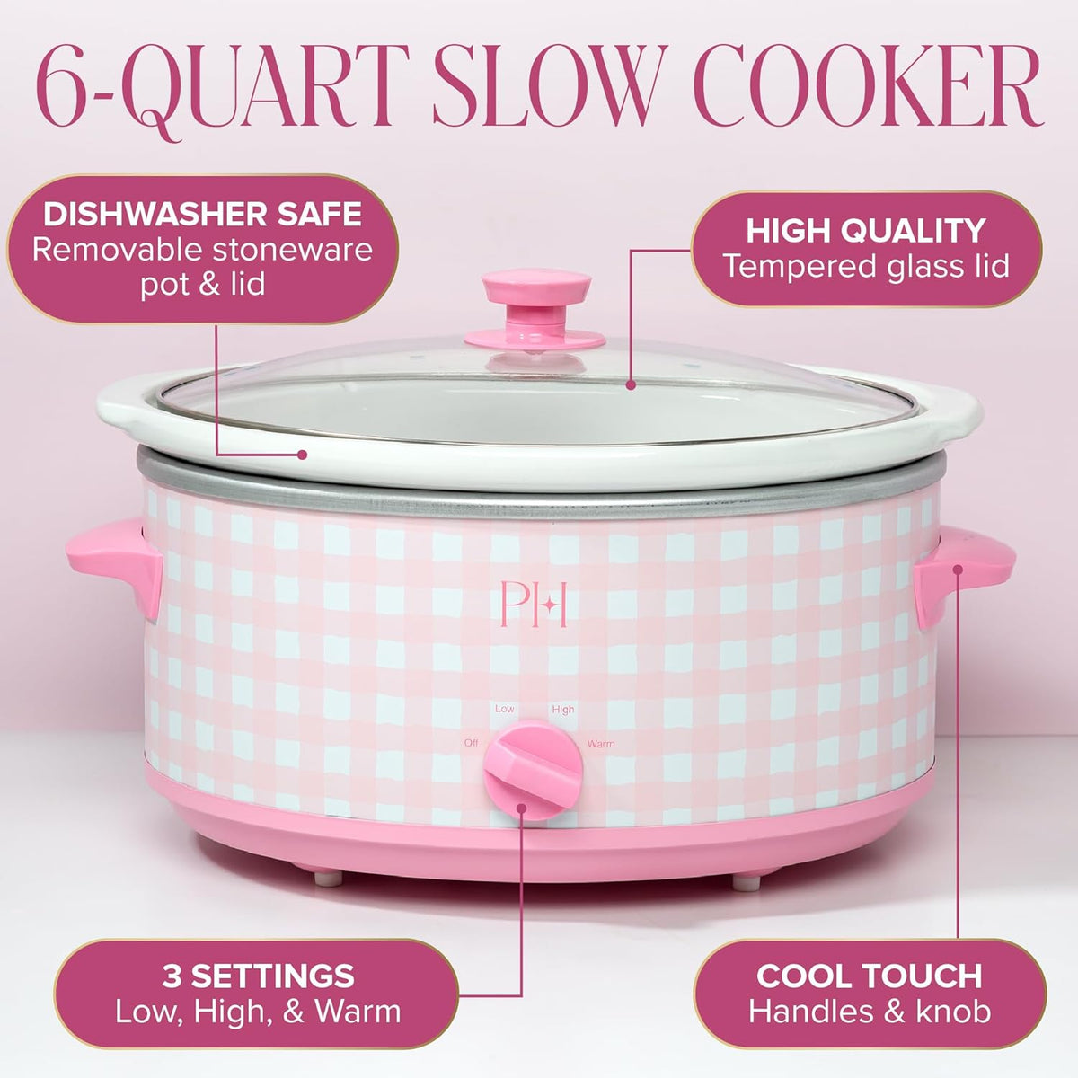 Paris Hilton 6-Quart Manual Slow Cooker, Features Three Settings (Low, High, Warm), Naturally Nonstick and Dishwasher Safe Stoneware Insert, Family Sized Capacity, Gingham Pink