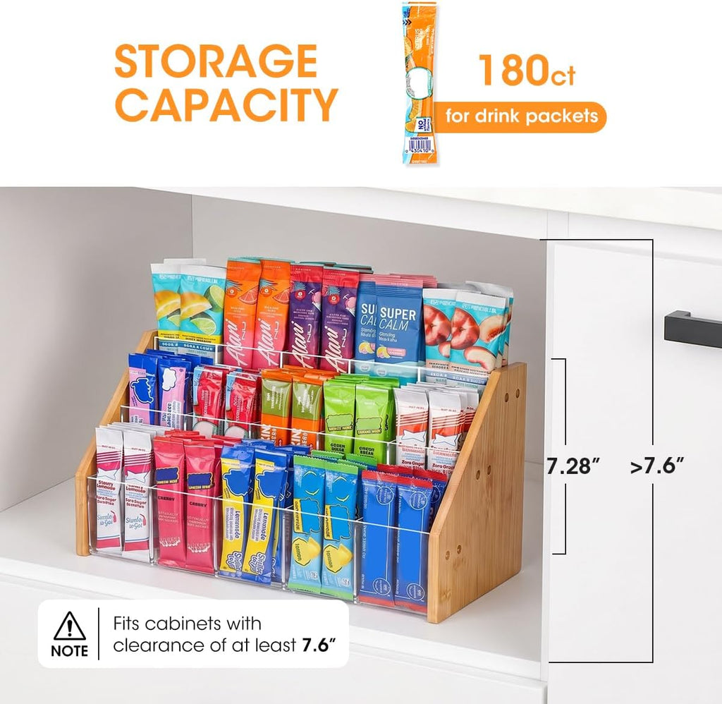 AIEVE Bamboo Drink Packet Organizer, 3-Tier Drink Mix Organizer