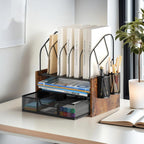 Desk Organizer with Drawer, Desktop File Organizer and Paper Tray Organizer with Vertical File Holder, Office Desk Accessories for Mail, Documents, Papers, Notebooks and Home Office Storage