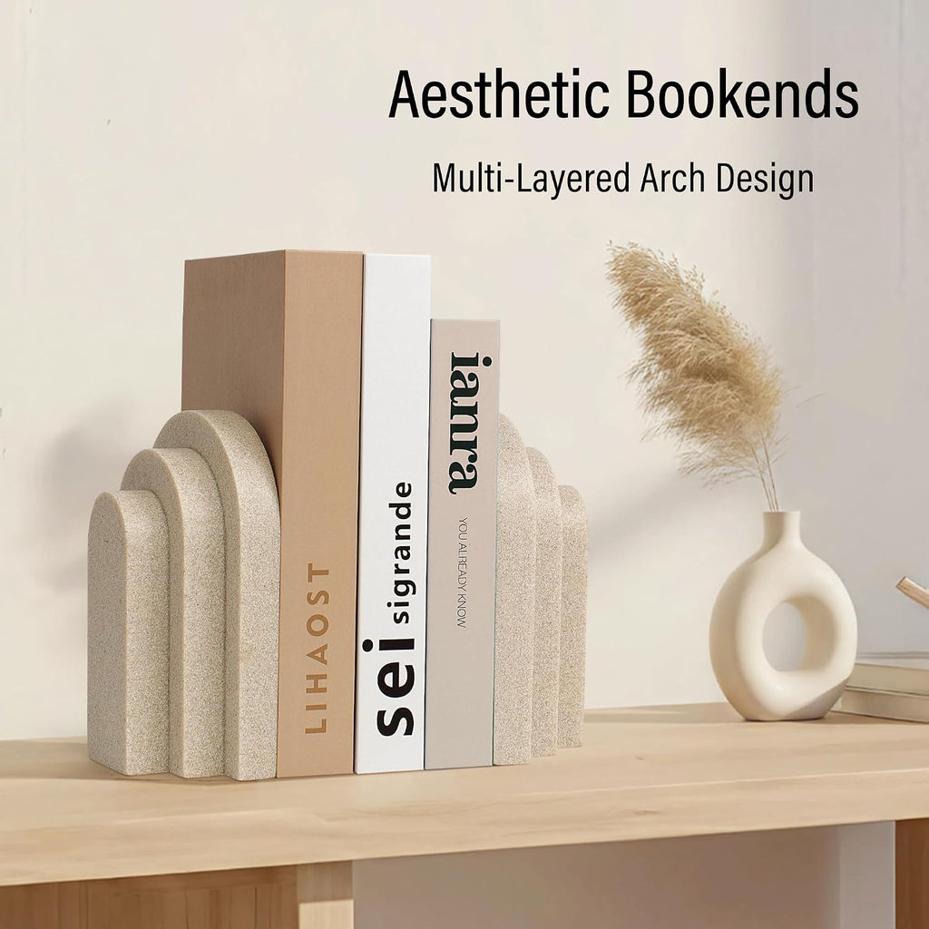 LIN CHUAN Heavy Duty Bookends for Shelves, Set of 2, Sandstone Beige