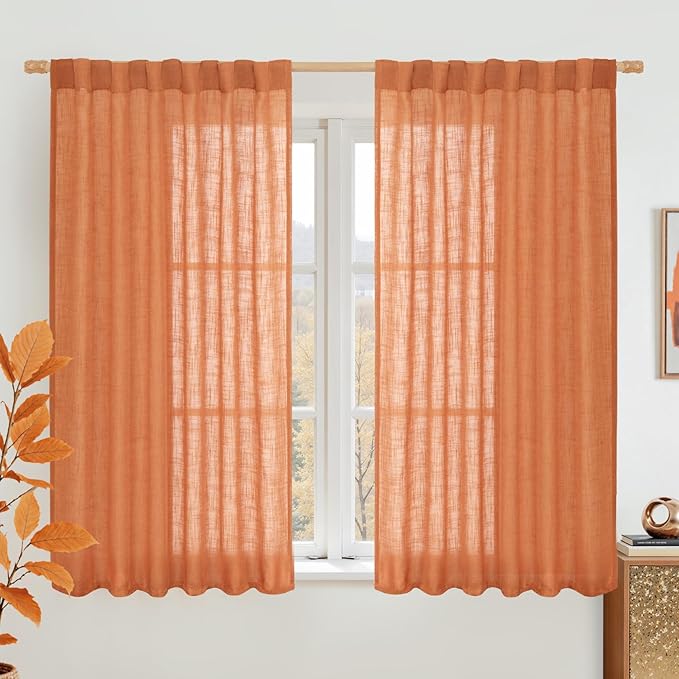 LAMIT Burnt Orange Linen Curtains 54 Inch Length 2 Panels, Light Filtering by LAMIT