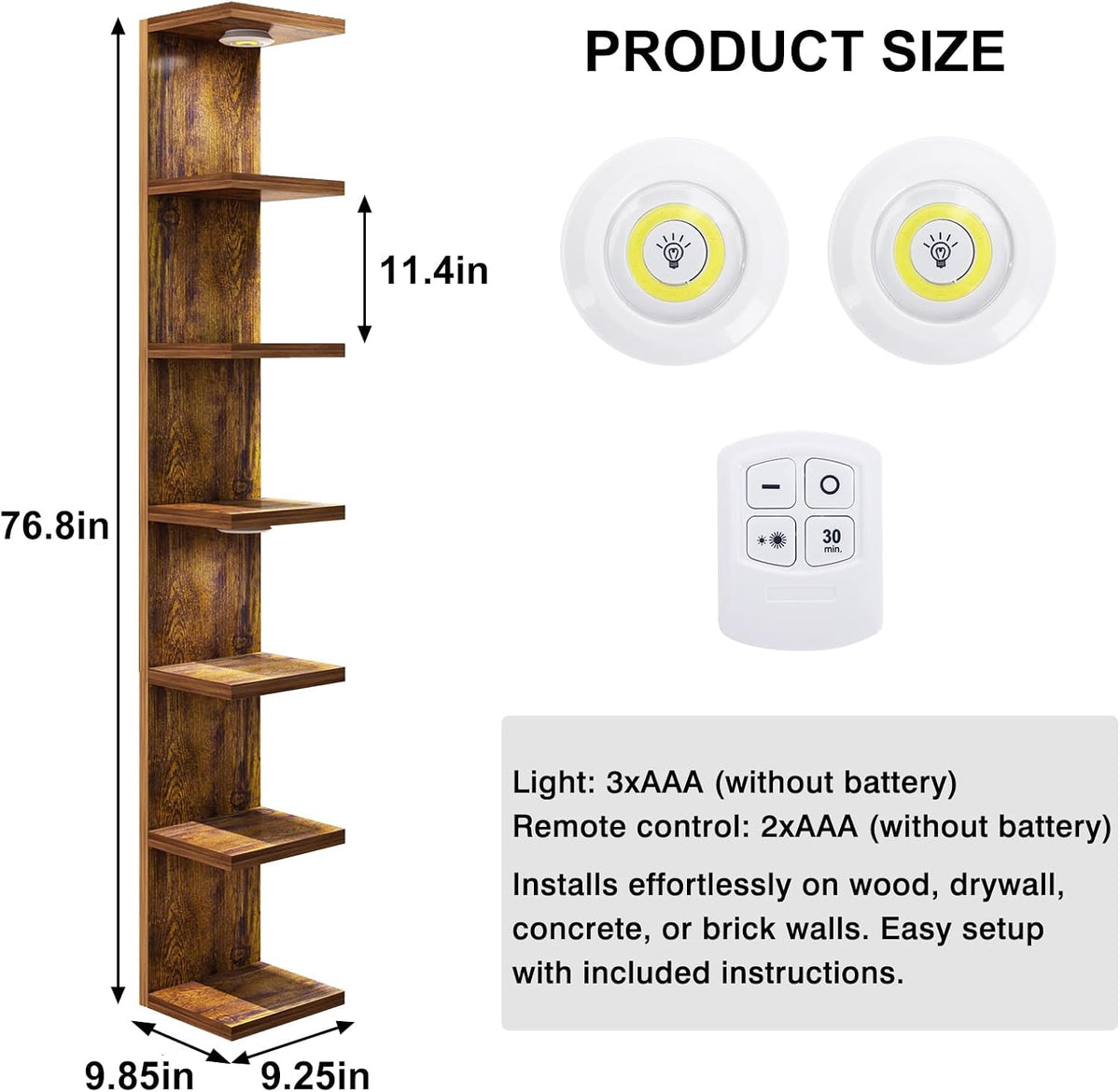 Fixwal 7 Tier Wall Shelf with LED Lights for Room Decor Rustic Brown