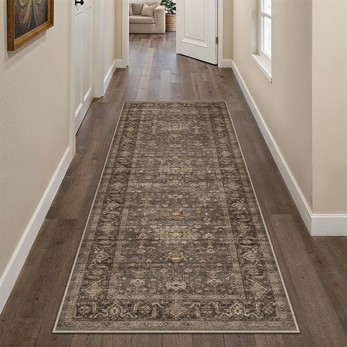 2x6 Washable Runner Rug for Hallway Kitchen Vintage Brown Non Slip Low Pile - Image 5