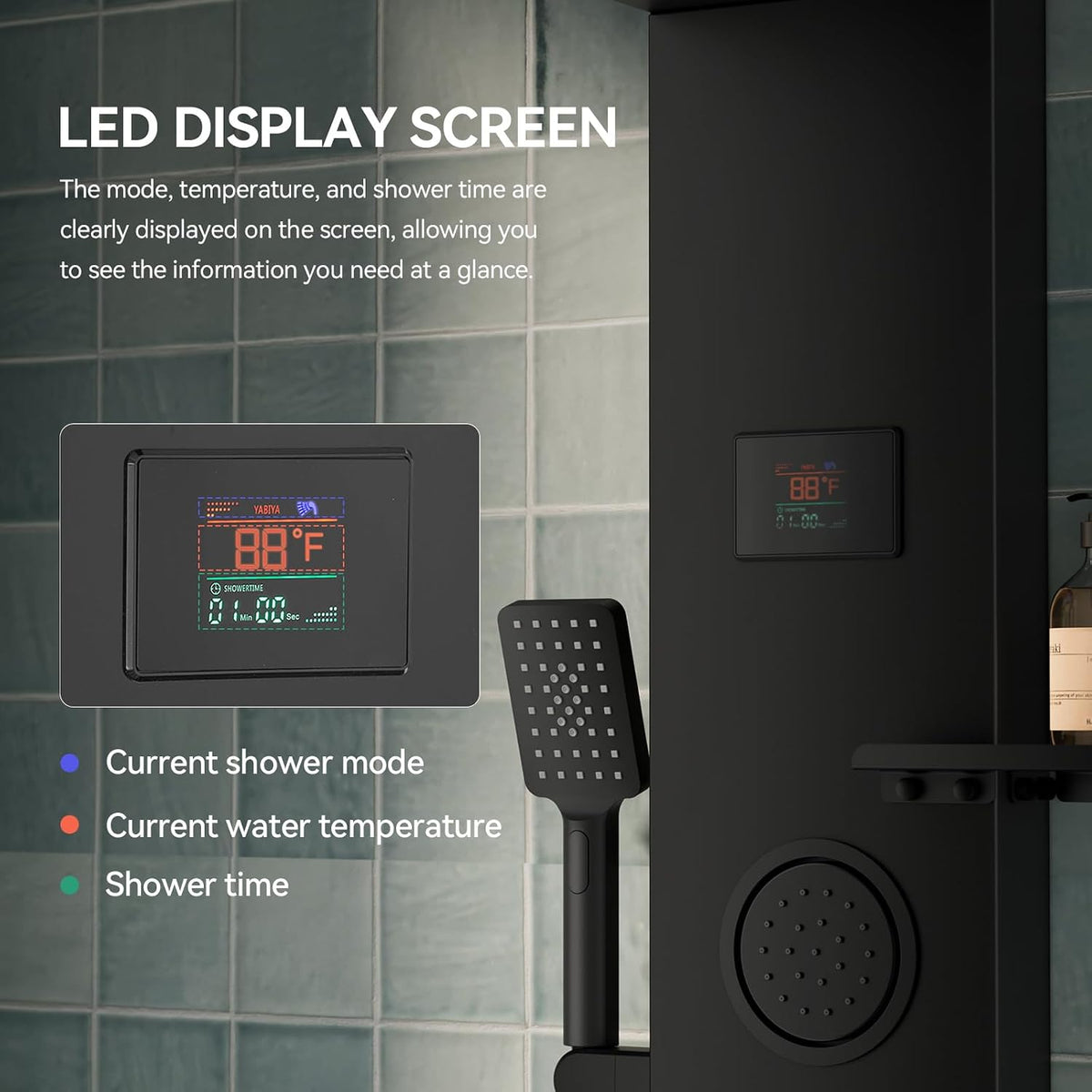 5 in 1 Matte Black Rainfall Shower Panel Tower System With Storage Shelf