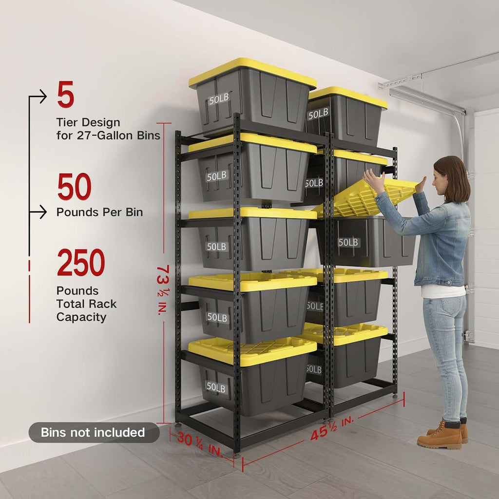 27 Gallon Tote Storage Rack, Heavy-Duty Storage Bin Rack Organizer, 5-Tier Standing Storage Bin Shelves, 250 lb Capacity, Maximize Space for Garage, Warehouse, Utility, 2-Pack (Totes Not Included)