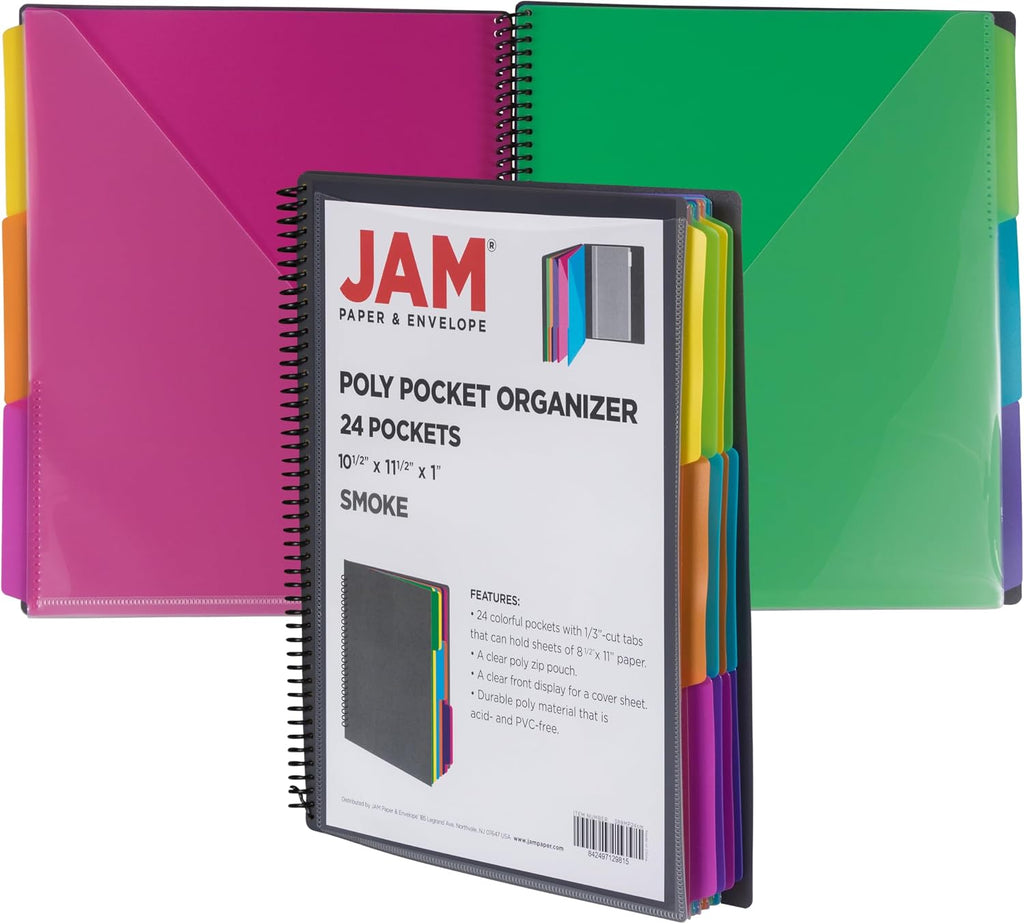 JAM PAPER Plastic Multi Pocket Folder - 24 Pocket Organizer with Zipper Pouch - Smoke Grey with Colorful Tabs - 10 1/2 x 11 1/2 - Sold Individually