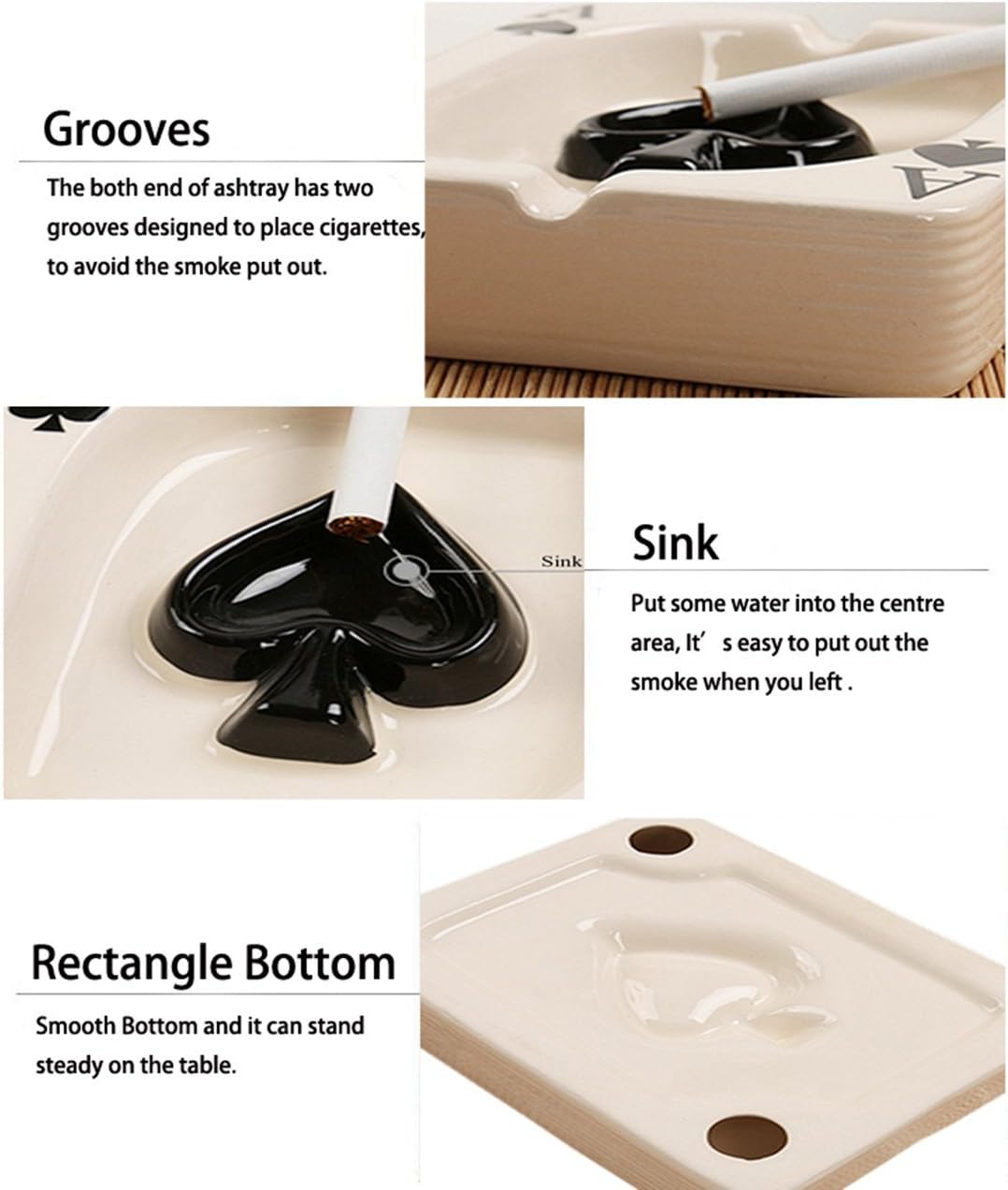 Creative Poker Ceramic Cigarette Ashtray Tabletop Portable Modern Ashtrays Cigar Ashtray for Outdoor Indoor Desktop Smoking AshTray for Home office Fashion Decoration Handmade Gift for Men Women-Black