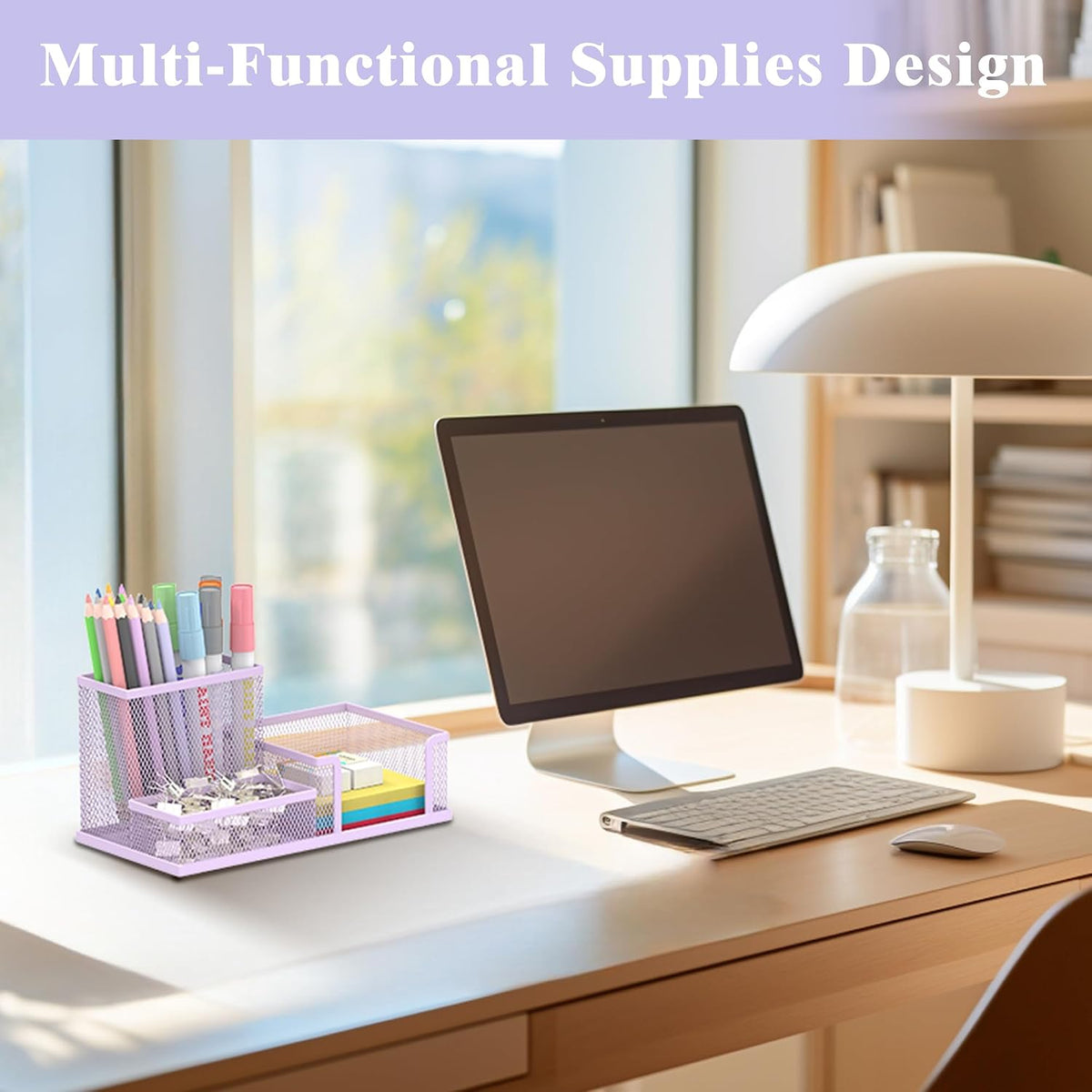 Mesh Pen Holder Desk Organizer, Office Supplies Pencil Storage with 3 Compartments, Office Desk Accessories and Workspace Organizers for Home School Classroom, Purple