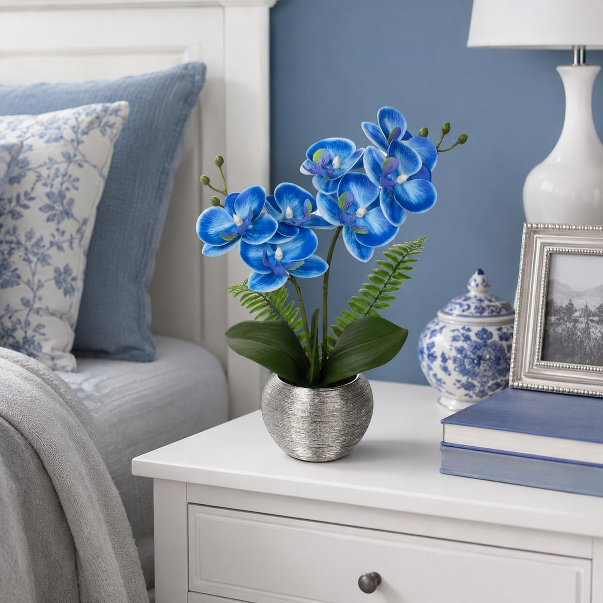 Briful 13" Small Artificial Orchid Flowers in Silver Ceramic Pot, Blue Faux Phalaenopsis Silk Orchid Arrangement Fake Orchid Plant for Bathroom Vanity Office Desk Shelf Coastal Home Decor