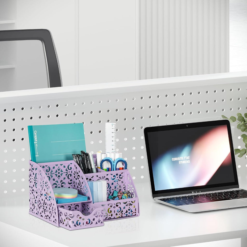 EasyPAG Pen Holder Desk Organizer with Drawer Pencil Cup for Desk 6 Compartments Metal Office Caddy Storage with Sticky Notes Holder for School Home Office, Purple