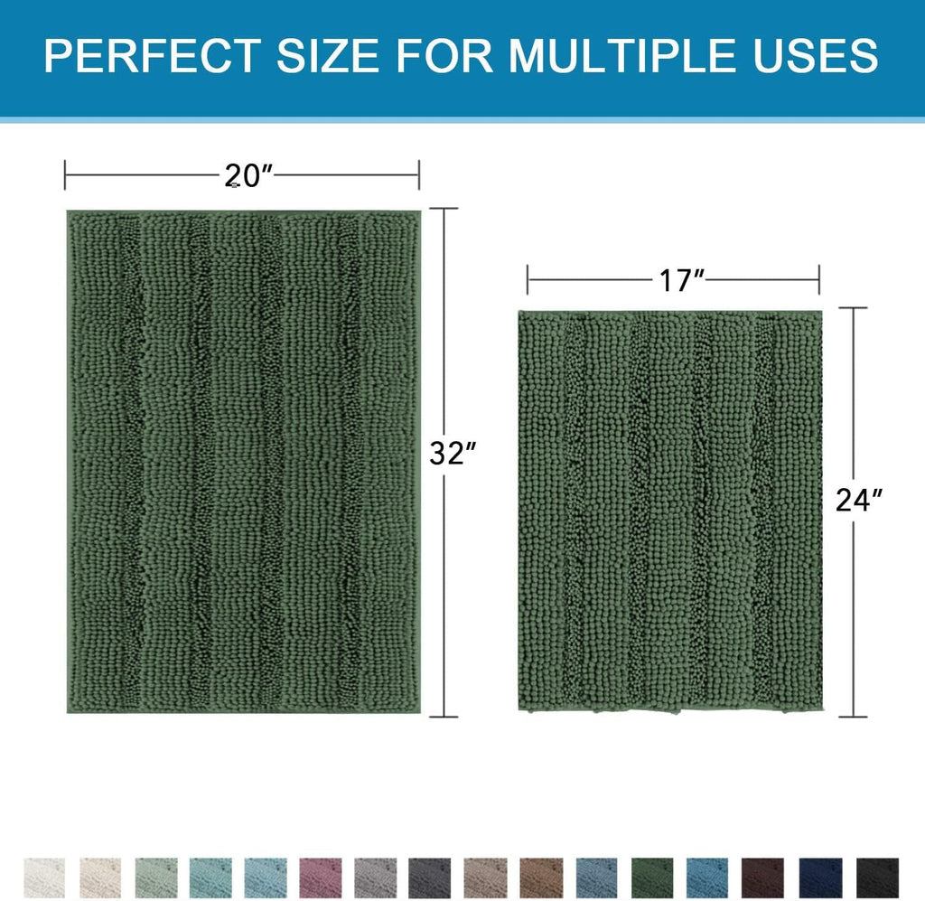 H.VERSAILTEX Extra Thick Chenille Striped Pattern Bath Rugs for Bathroom Non Slip - Soft Plush Shaggy Mats Floor, Indoor Entryway (Bronze Green, 32 x 20 Plus 24 17 Inches)