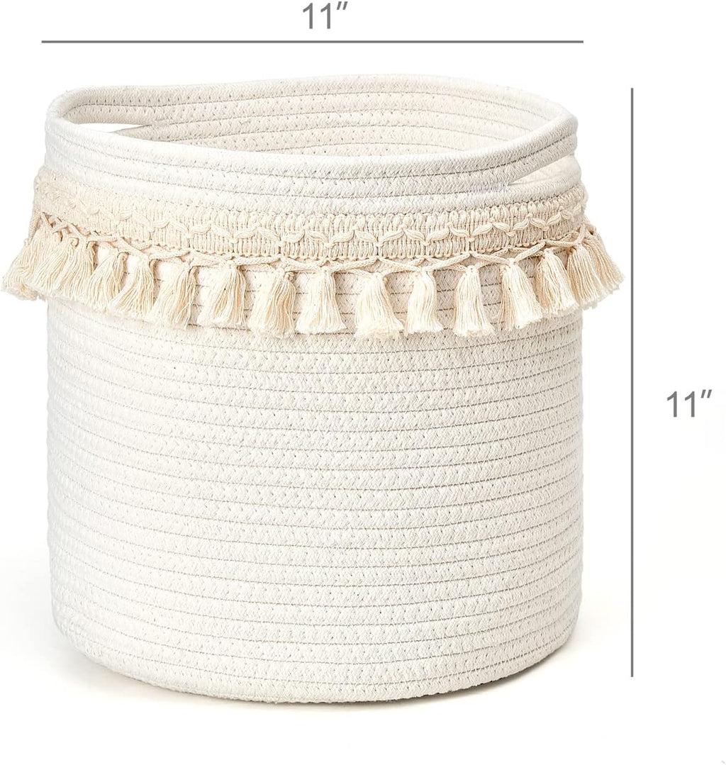 Mkono Macrame Cotton Rope Basket, Small Boho Nursery Decor, 11"x11", Ivory