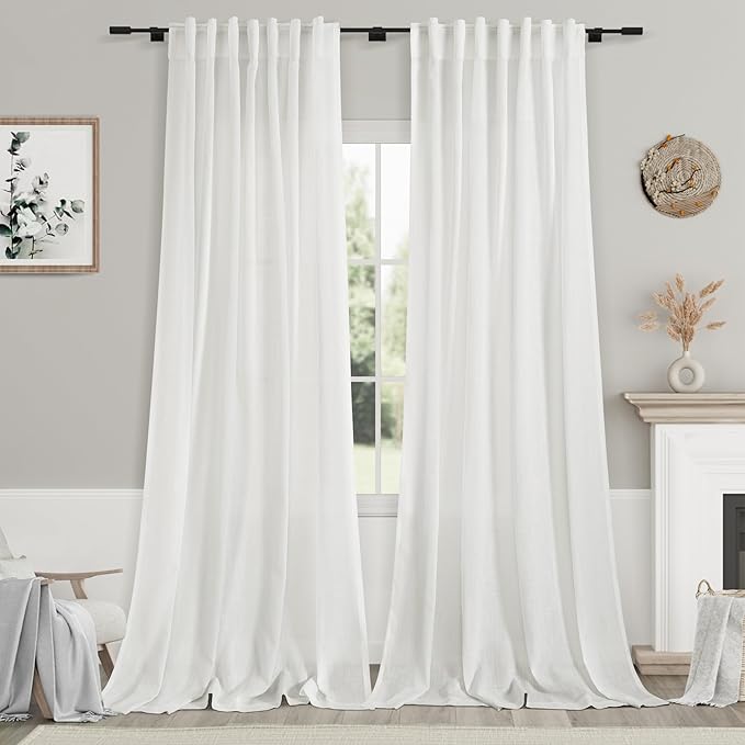 White Linen Curtains 126 Inches Long 2 Panels Set by Nanspring