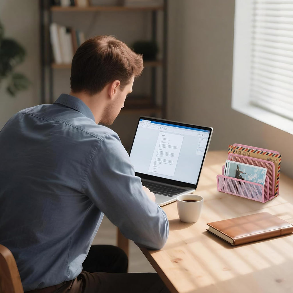 Desk Mail Organizer, Office Small Desktop Metal Mesh Envelope Letter Sorter Paper File Holder Organizer with 3 Vertical Upright Compartments, Pink 2 Pack