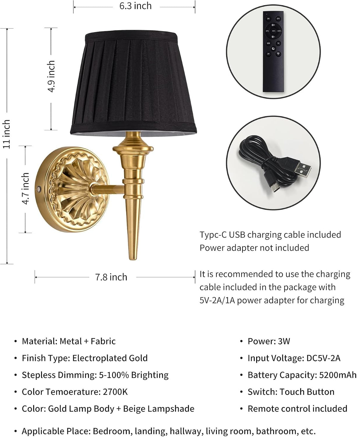 KDG Cordless Gold Wall Sconces Set of 2, Black Fabric Lampshde Wall Lamps