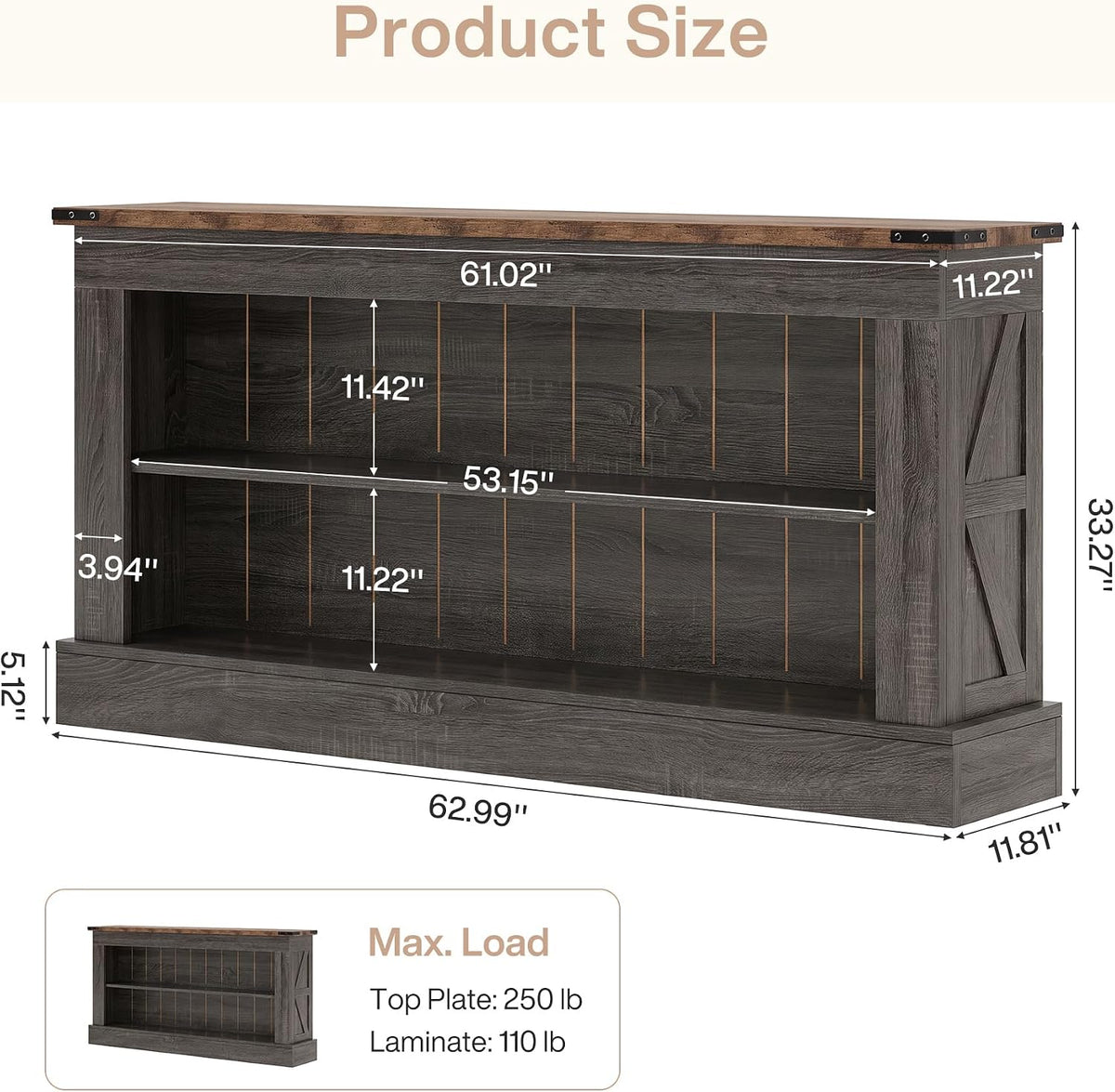 Tribesigns 63" Console Table, 3-Tier Entryway Table with Storage Shelves