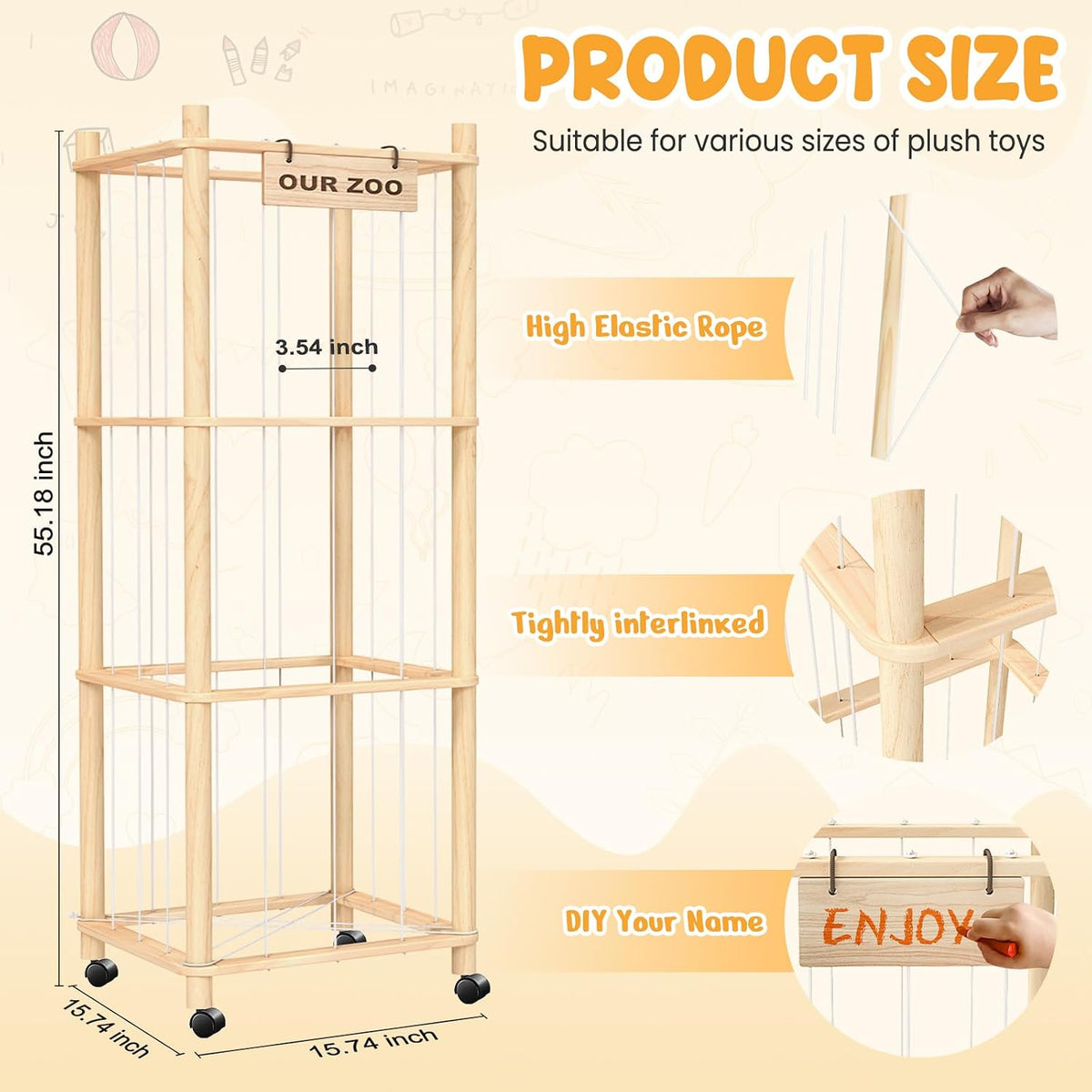 Stuffed Animal Storage Organizer with Wheels, Plush Storage Cage