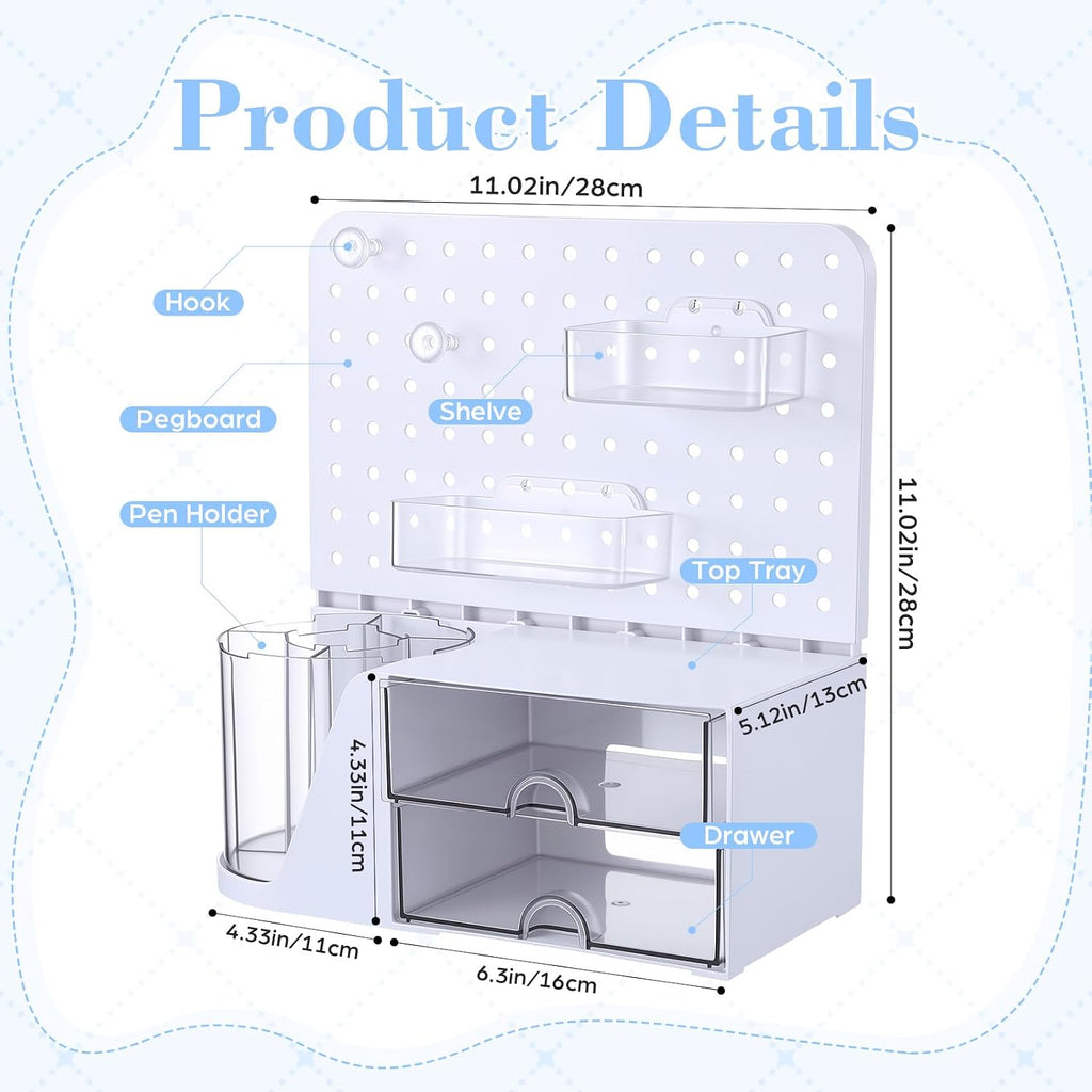 Desk Organizer with Drawers, White Rotating Pen Holder 5 Slots & Pegboard