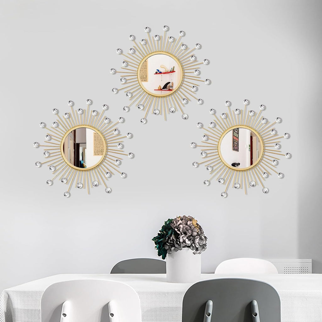 3 Pack Metal Mirrors for Wall Sunburst Wall Mirror Gold Crystal Home Accent