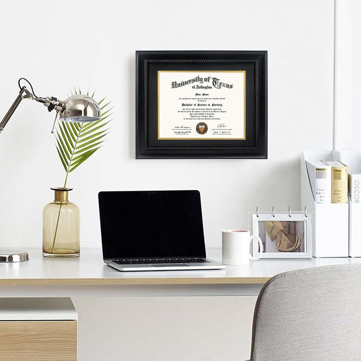 GMFrames 8.5x11 Diploma Degree Frame with Mat or Display 11x14 Certificates without Mat,Solid Wood,Black Finish with Intricate Black Rope Detail,UV Protection Acrylic