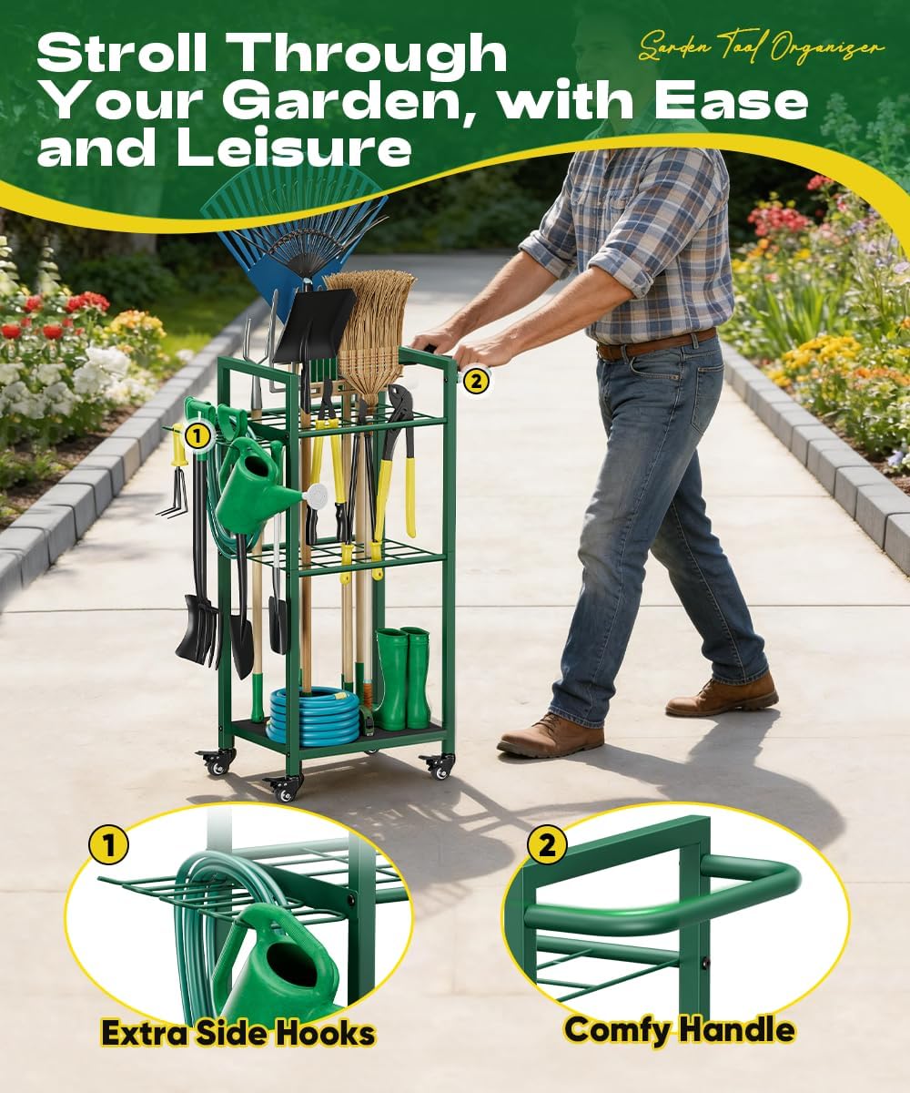 Garden Tool Organizer with Wheels, Yard Tower Rack, Green