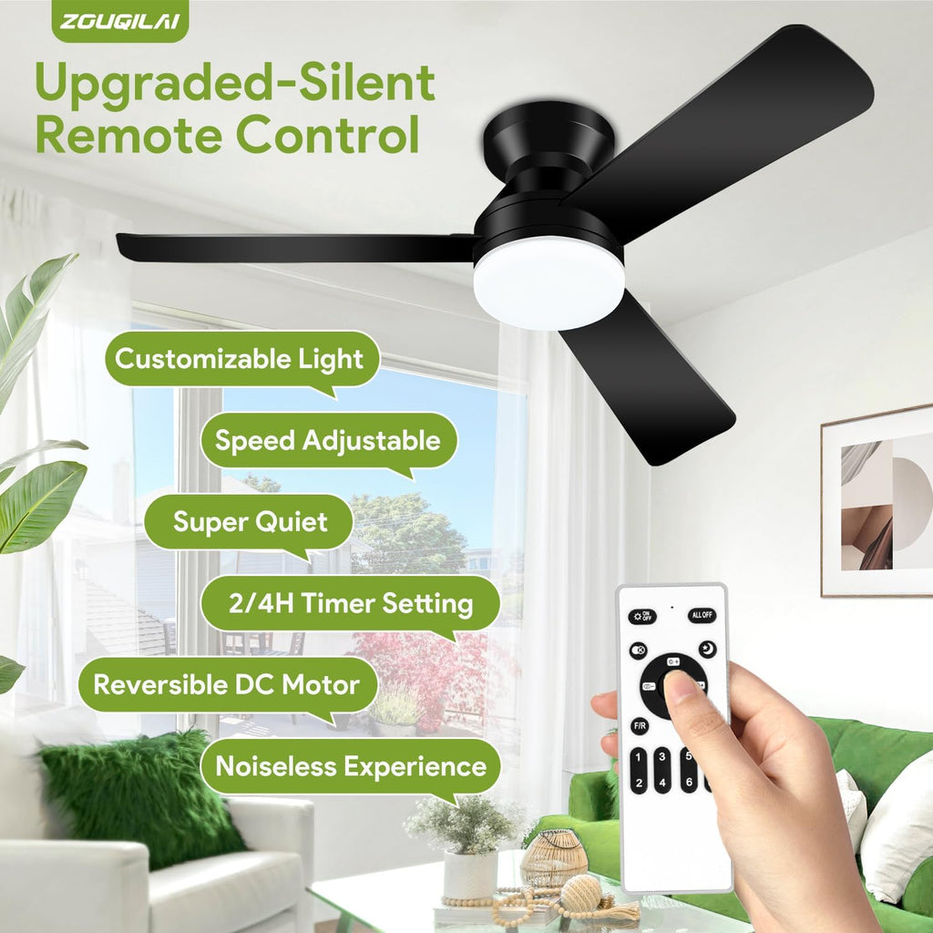 42'' Black Low Profile Ceiling Fans with Lights and Remote Control