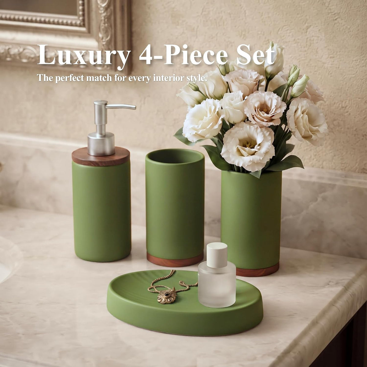 LarqeeWare Ceramic Bathroom Accessories Set 4 Pcs, Matte Bathroom Sink Set