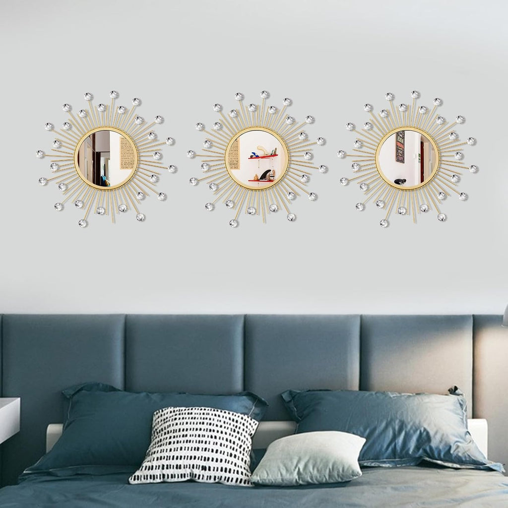 3 Pack Metal Mirrors for Wall Sunburst Wall Mirror Gold Crystal Home Accent