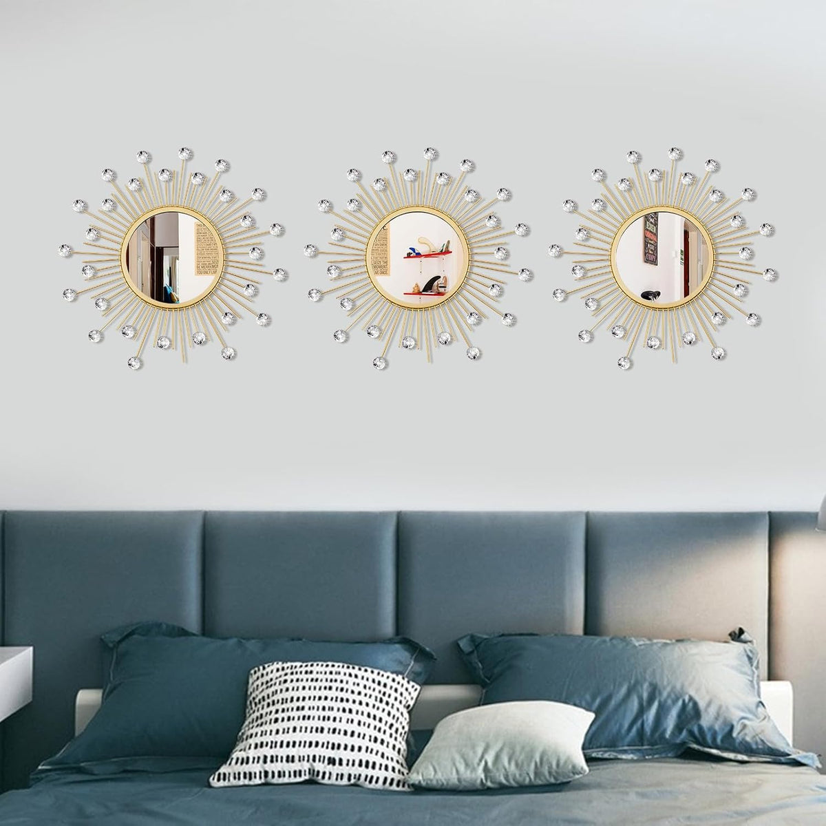 3 Pack Metal Mirrors for Wall Sunburst Wall Mirror Gold Crystal Home Accent