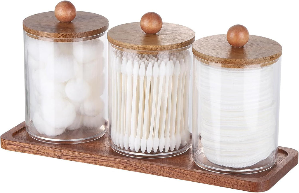 Tbestmax 10 Oz Cotton Swab/Ball/Pad Holder with Vanity Tray, Qtip Apothecary Jar, Clear Bathroom Containers Dispenser for Storage 3 Pack Wood Lids