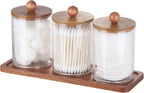 Tbestmax 10 Oz Cotton Swab/Ball/Pad Holder with Vanity Tray, Qtip Apothecary Jar, Clear Bathroom Containers Dispenser for Storage 3 Pack Wood Lids