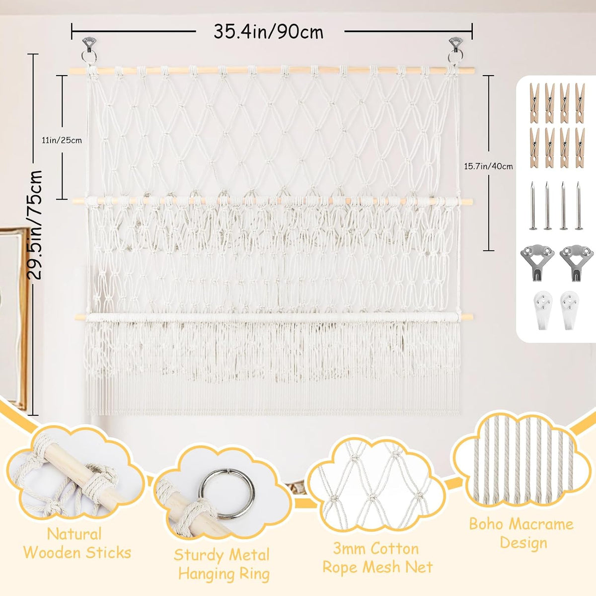 2 Tier Stuffed Animal Storage Shelf Net, 35x30'' Large Plushie Net Beige