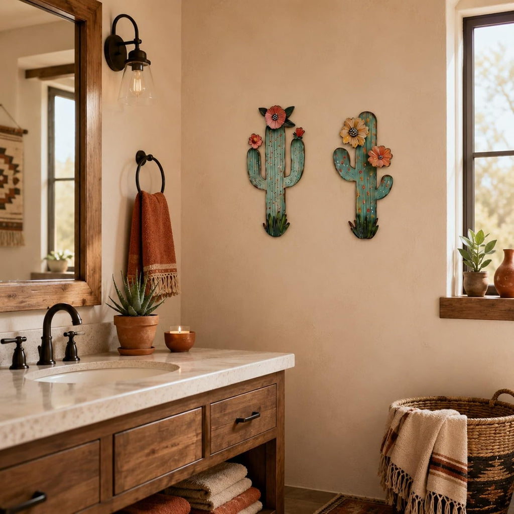 flangairy 2pcs Metal Cactus Wall Decor, Western Desert Bathroom Decor