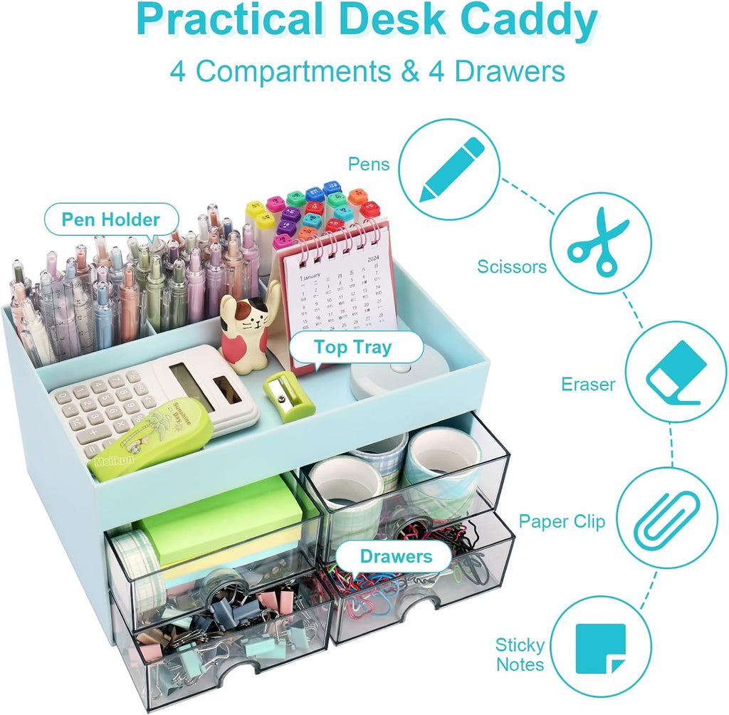 Desk Organizer, Office Organizer with Drawer, Desk Accessories & Workspace Organizers, Pen Holder Office Supplies for Desk (4 Drawers+4 Compartments, Blue)