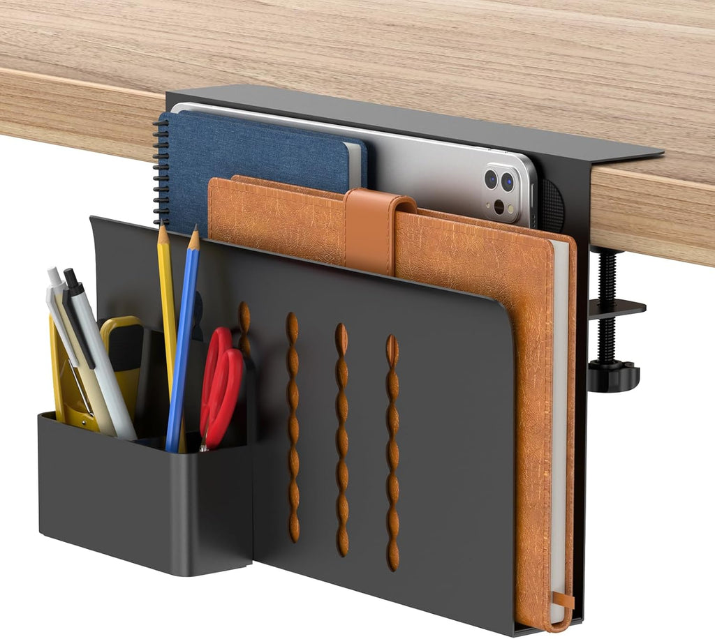 HAMOPY Desk Side Storage, Single-Layer Steel Hanging Desk Organizer with Magnetic Pen Holder, No Drilling Desk Drawer Cable Management Tray, Under Table Laptop Holder for Office, School&Home(Black)