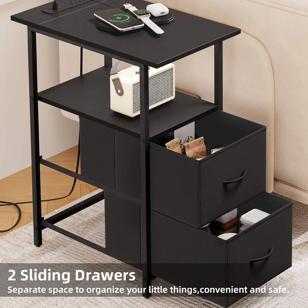 Somdot End Table Set of 2 with Charging Station, 2 Drawers, Slim Side Table