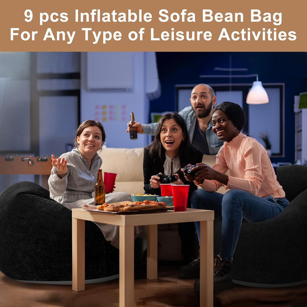 Realspring 9 Pcs Inflatable Bean Bag Chairs, Electric Air Pump, Black