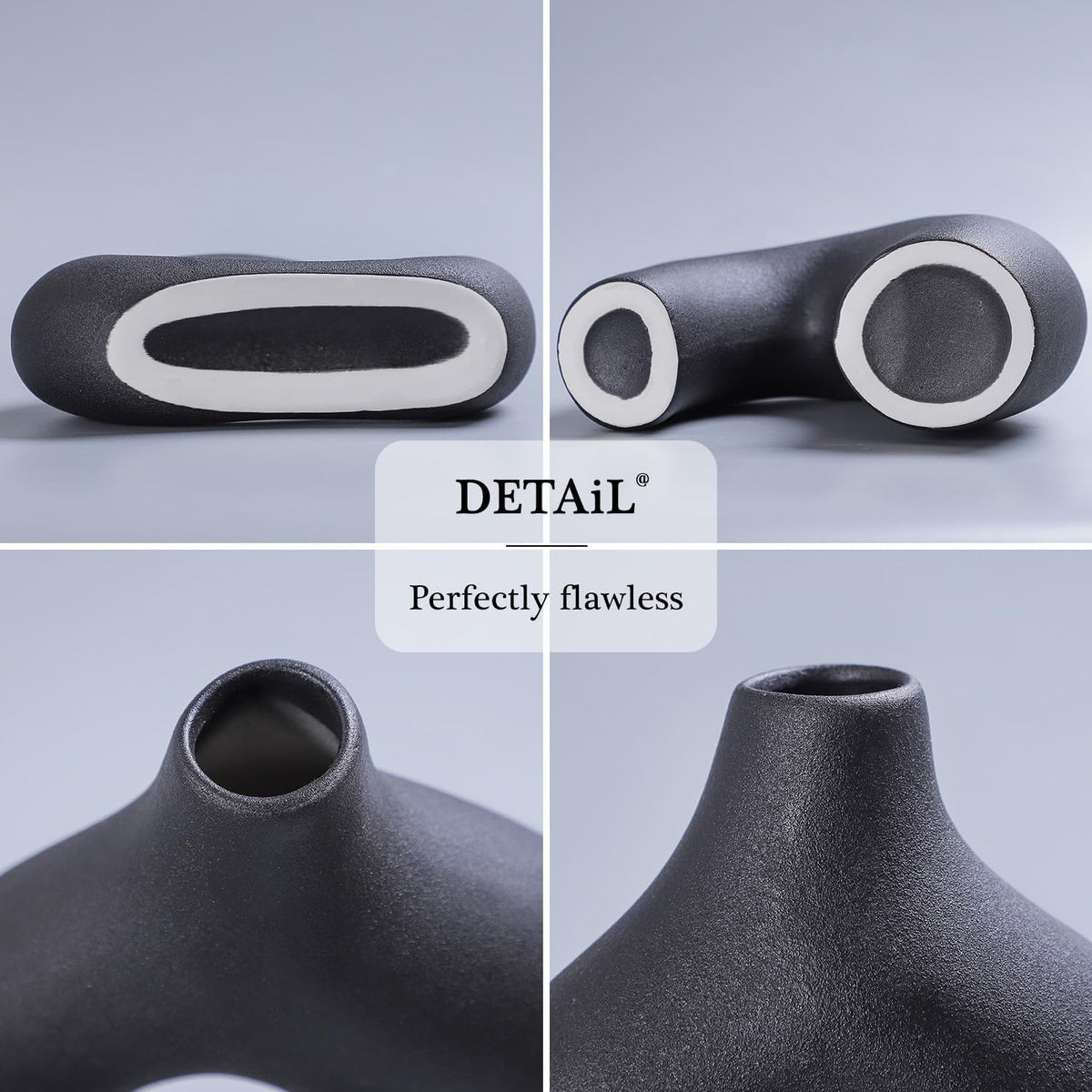 CEMABT Black Ceramic Vase Set of 2 for Modern Minimalist Bohemian Decor，Round Matte Donut Vases for Pampas Grass-Perfect for Living Room, Dining Table, Office Bedroom Shelf Decor Entryway, Console