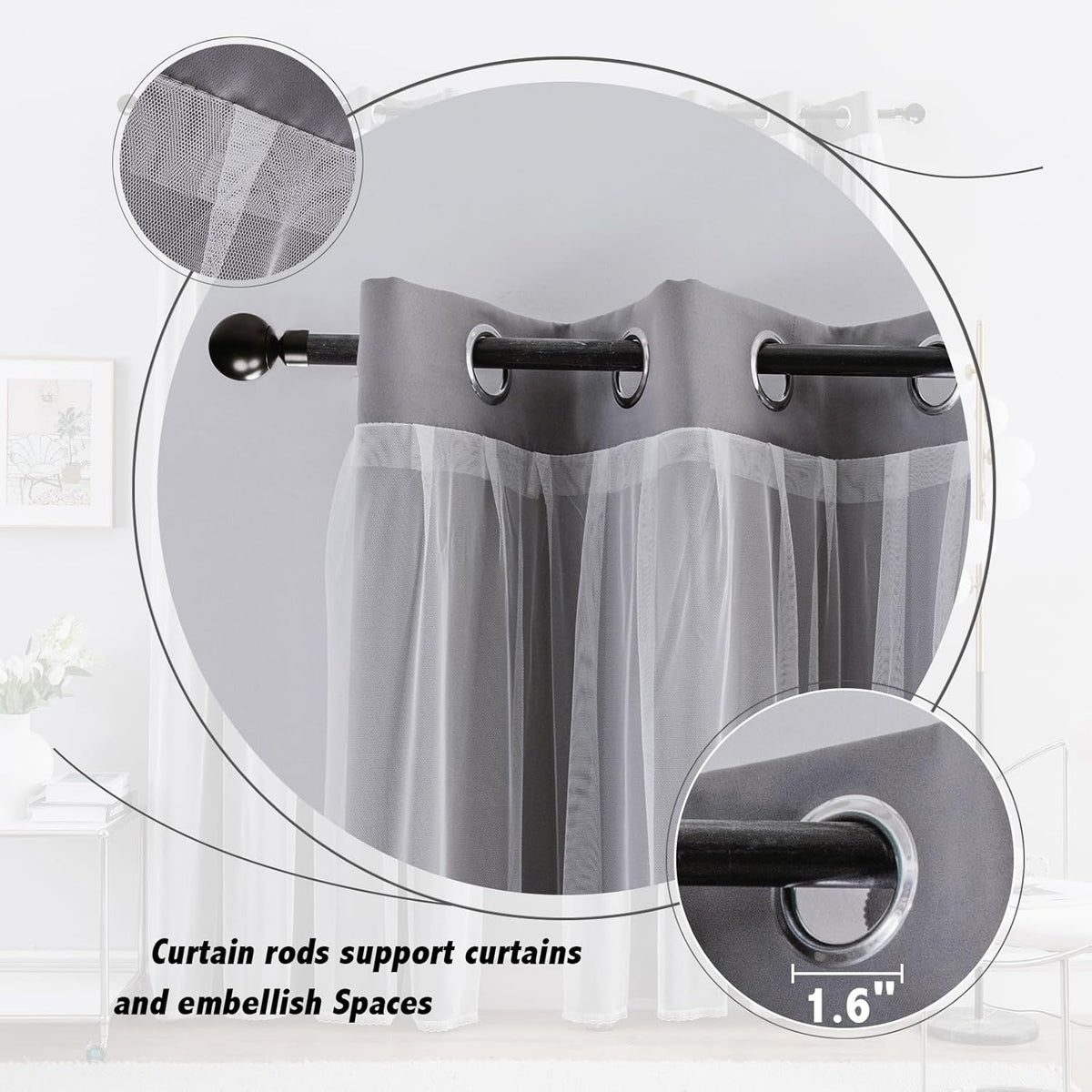 Anytime Double Layer Blackout Curtains 2 Panels，52Wx63L，Grey