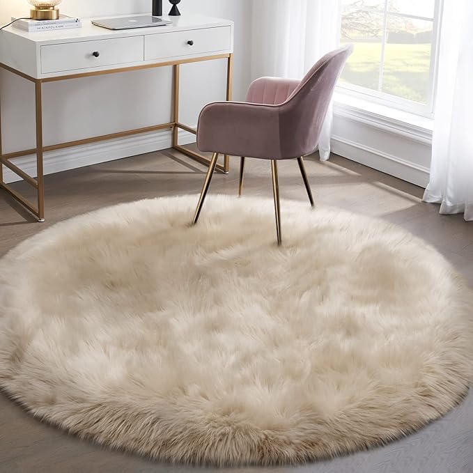 Fluffy Round Rug for Kids Room Beige Circle Faux Fur Area Rug for Bedroom - Image 5