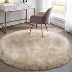 Fluffy Round Rug for Kids Room Beige Circle Faux Fur Area Rug for Bedroom - Image 5
