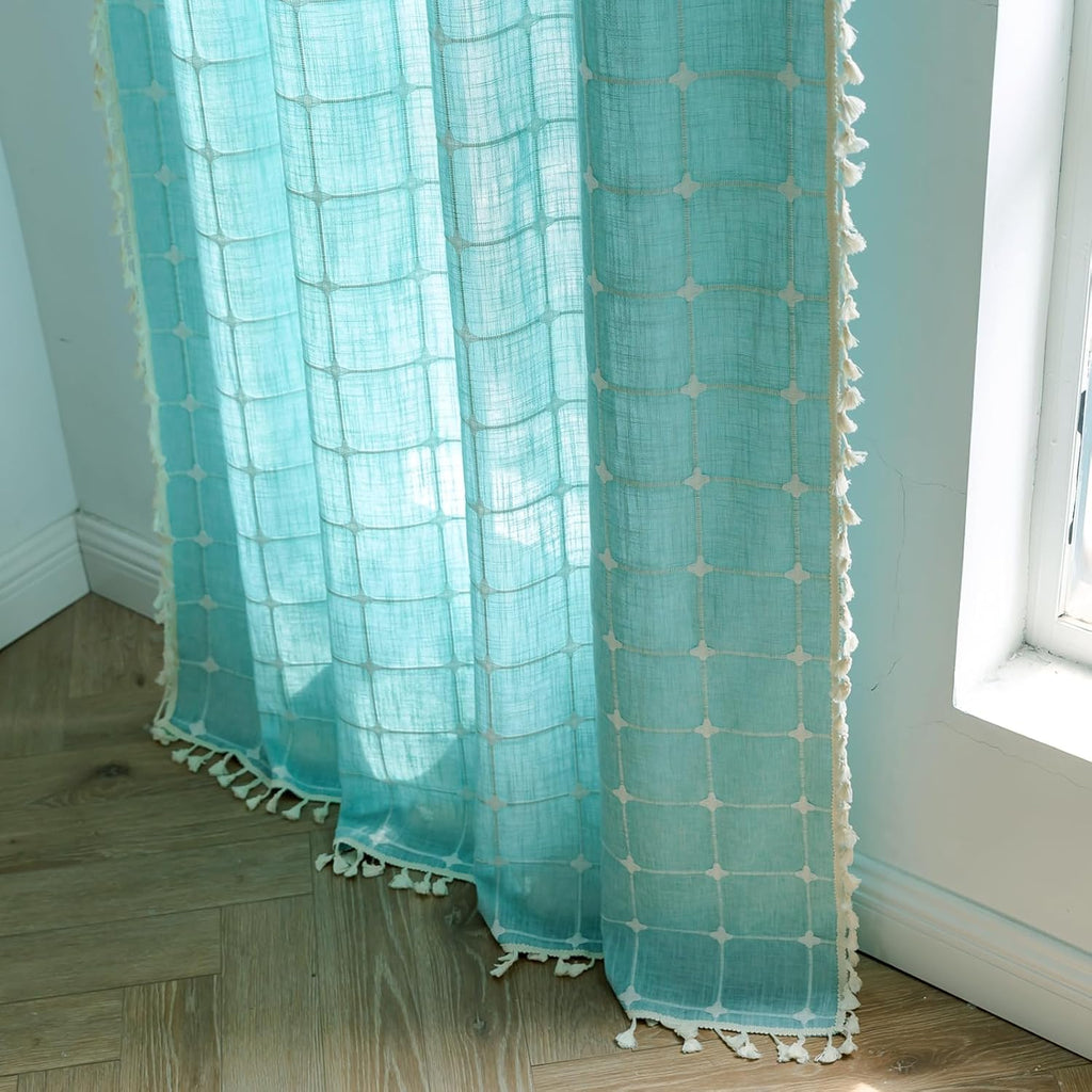 Deeprove Green Boho Curtains 84 Inches Long for Bedroom Nursery Room, Cyan Coastal Teal Plaids Embroidery Semi Blackout Bohemian Window Treatment Grids Drape Tassels, 1 Panel W52 x L84, Aqua