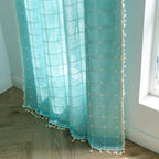 Deeprove Green Boho Curtains 84 Inches Long for Bedroom Nursery Room, Cyan Coastal Teal Plaids Embroidery Semi Blackout Bohemian Window Treatment Grids Drape Tassels, 1 Panel W52 x L84, Aqua
