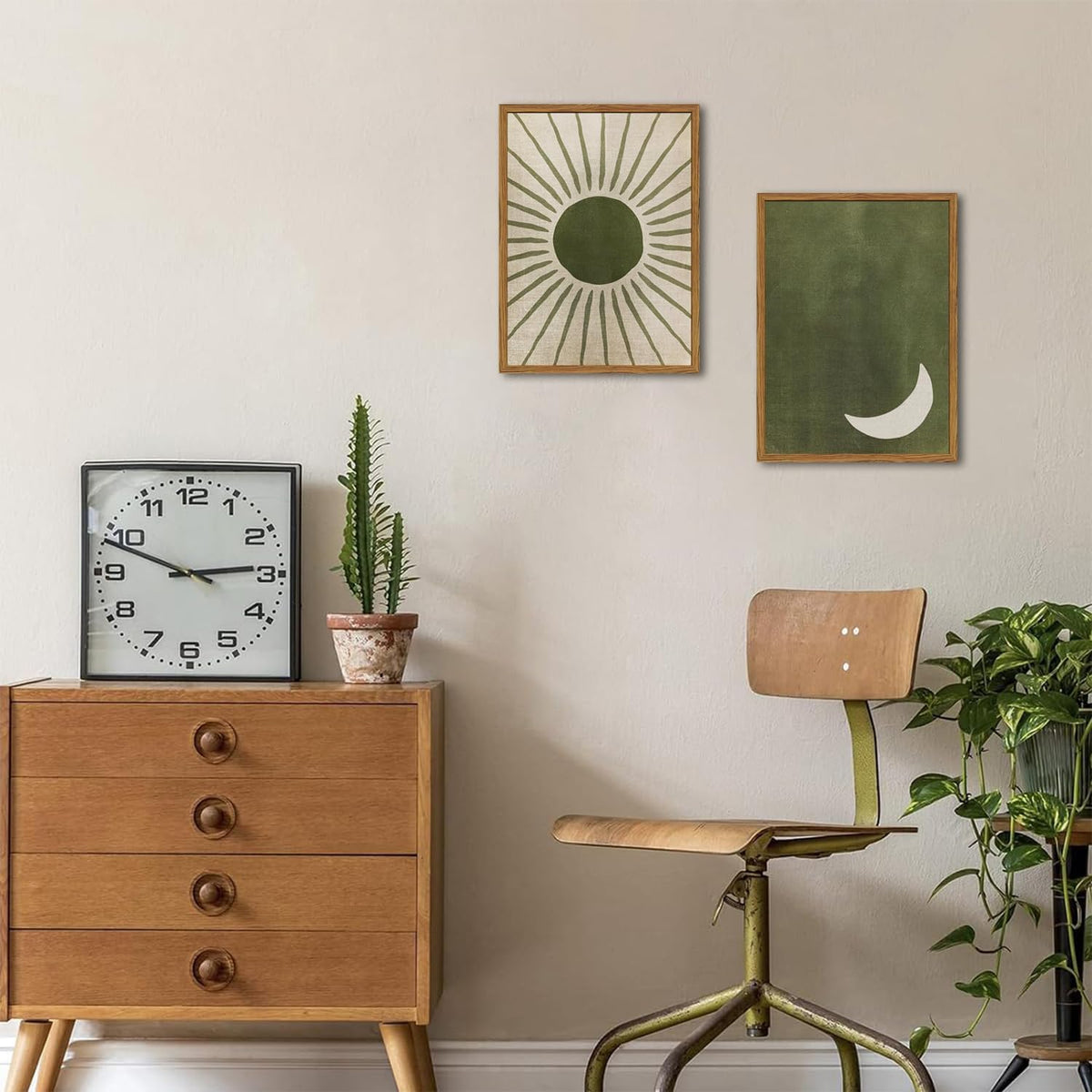 Framed Boho Sun and Moon Canvas Wall Art Set of 2, Vintage Sage Green Bohemian Pictures Wall Decor, Mid Century Modern Abstract Minimalist Paintings Prints for Living Room Bedroom Office 16x24 inch