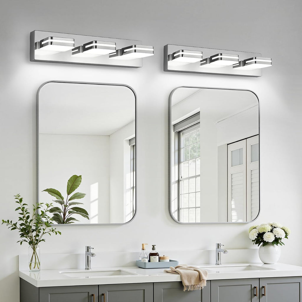Torondo 360° Rotate LED Bathroom Vanity Light Fixtures, Acrylic Vanity Lights for Bathroom, Modern Wall Lighting Fixtures Over Mirror Living, Chrome, Natural White, 3-Light, 17-Inch